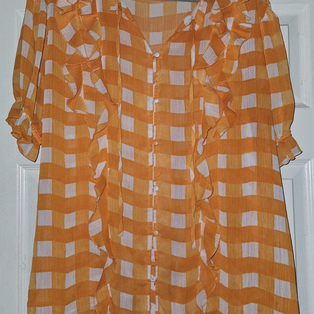 Cato Orange and White Checkered Ruffle Blouse